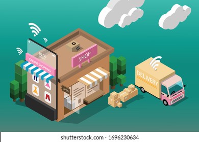Shopping Online Concept. Shopping with Mobile Application and have Delivery service. Vector