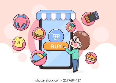 shopping online concept, mobile application shopping, cartoon character man shopping online, flat illustration