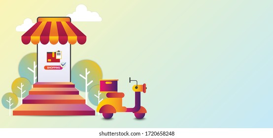 Shopping online concept with mobile phone, staircase, roof and motorcycle.