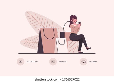 Shopping online concept on mobile phone. Web landing page template.
