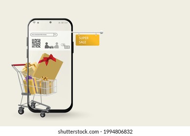 Shopping Online concept on mobile application in digital marketing by Mobile phone with shopping cart and gift box Qr code and mobile application icon on screen isolated on white background