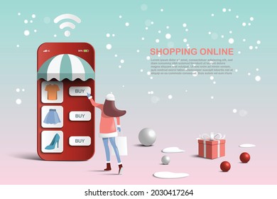 Shopping online concept on winter season. Vector 3d. Social media marketing.