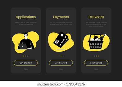 Shopping online concept onboarding app screens. Modern and simplified vector illustration walkthrough screens template for mobile apps.