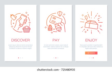 Shopping online concept onboarding app screens. Modern and simplified vector illustration walkthrough screens template for mobile apps.