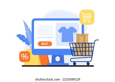 Shopping online concept. Open shop application website on desktop. Shopping cart. Business concept. Transportation concept. Delivery service. Online store website. 