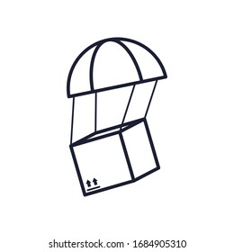shopping online concept, parachute falling with a box icon over white background, line style, vector illustration