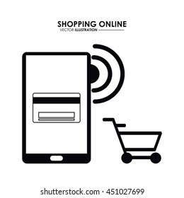 Shopping online concept represented by smartphone, credit card and shopping cart icon. Isolated and flat illustration.