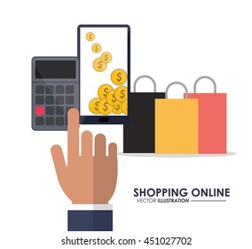 Shopping online concept represented by smartphone, coins, calculator and shopping bag icon. Colorfull and flat illustration.
