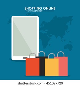Shopping online concept represented by smartphone, earth and shopping bag icon. Colorfull and flat illustration.