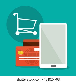 Shopping online concept represented by smartphone, credit card and shopping cart icon. Colorful and flat illustration.