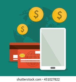 Shopping online concept represented by smartphone, credit card and coins icon. Colorfull and flat illustration.