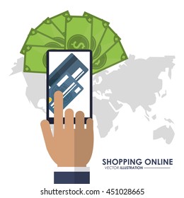 Shopping online concept represented by smartphone, bills and credit card icon. Colorful and flat illustration.