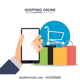 Shopping online concept represented by smartphone, shopping cart and bag icon. Colorful and flat illustration.