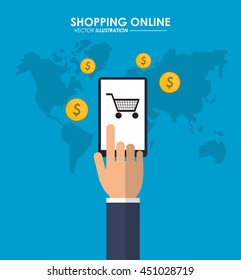 Shopping online concept represented by smartphone, coins and shopping cart icon. Colorful and flat illustration.