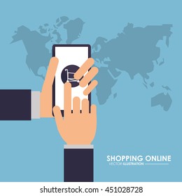 Shopping online concept represented by smartphone, earth and shopping cart icon. Colorful and flat illustration.