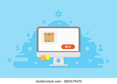 Shopping online concept. Shop website on computer monitor screen. 
Abstract cloud background. Buy button. Technology concept. Business and finance concept.  