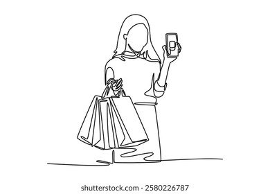 Shopping online concept. Single line draw design vector graphic illustration.	