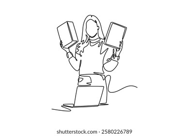 Shopping online concept. Single line draw design vector graphic illustration.	
