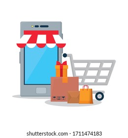 Online-Shopping-Konzept, Smartphone, Boxen und Einkaufswagen auf weißem Hintergrund, buntes Design, Vektorillustration-Illustration