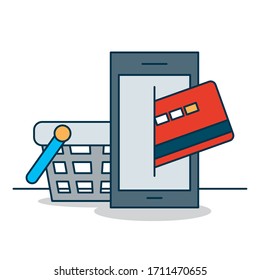 shopping online concept, smartphone with credit card and shooping basket over white background, colorful design, vector illustration