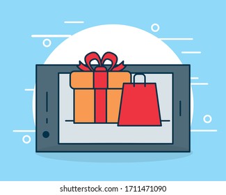 shopping online concept, smartphone with gift box and shopping bag over blue background, colorful design, vector illustration