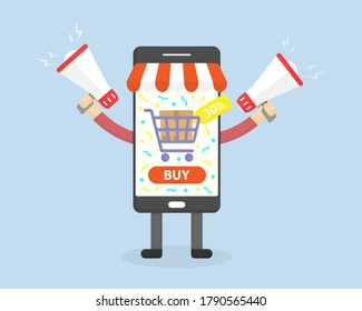 Shopping online concept. Smartphone with Striped and Delivery Box icon with buy button .Hand holding megaphone. Shopping applications. Delivery concept. Business concept. Abstract.