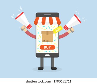 Shopping online concept. Smartphone with Striped and Delivery Box icon with buy button .Hand holding megaphone. Shopping applications. Delivery concept. Business concept. Abstract. 