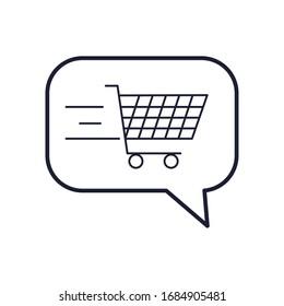concepto de compra en línea, burbuja de voz con icono de carro de compra sobre fondo blanco, estilo de línea, ilustración vectorial