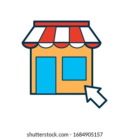 shopping online concept, store with cursor icon over white background, fill and line style, vector illustration