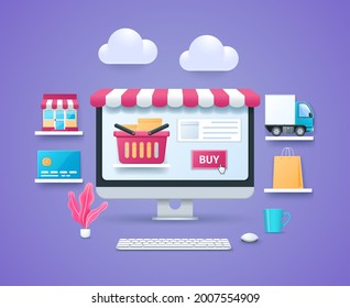 Shopping Online Concept. Store On Computer Screen With Striped Awning. Delivery Truck, Shop Building, Credit Card On Shelves. Purchase Process. Web Vector Illustrations In 3D Style