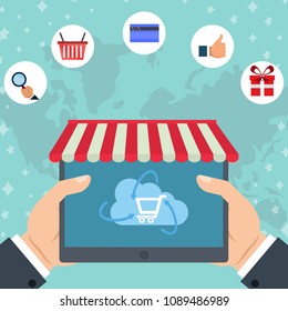 Shopping online concept. Tablet in hands of a men buying on internet. Online store. Internet mobile shopping. Vector flat design. Basket on tablet screen.
