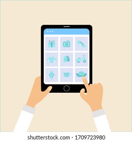 Shopping online concept. Tablet in hands make purchases on internet. Online store. Vector illustration flat design. Website on the tablet screen.