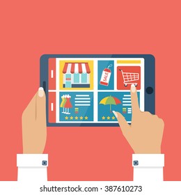 Shopping online concept. Tablet in hands of woman make purchases on internet. Online store. Vector illustration flat design. Website on the tablet screen.