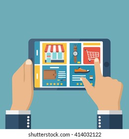 Online-Shopping-Konzept. Tablette in den Händen von Männern, die im Internet kaufen. Online-Shop. Internet Mobile Shopping. Vektorflachdesign. Warenkorb auf Tablettenbildschirm.