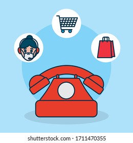 shopping online concept, telephone and delivery relared icons over blue background, colorful design, vector illustration