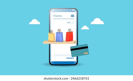 shopping online concept using smartphone decorated with paper bag cart, basket shop, cloud and credit card vector.