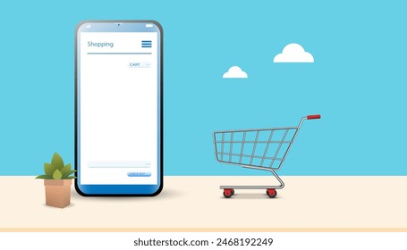 shopping online concept using smartphone decorated with paper bag cart, basket shop, cloud and credit card vector.