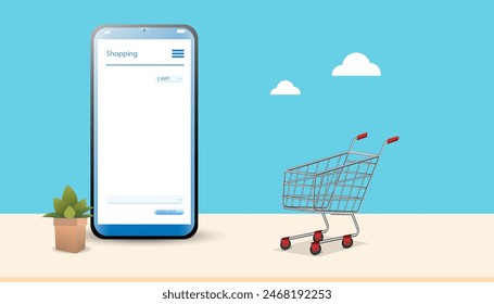 shopping online concept using smartphone decorated with paper bag cart, basket shop, cloud and credit card vector.