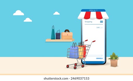 Shopping online concept using smartphone decorated with paper bag cart, basket shop, trolley, cloud and credit card, vector.