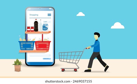 Concepto de compras en línea utilizando el teléfono inteligente decorado con Carrito de bolso de papel, tienda de cesta, carrito, nube y tarjeta de crédito, Vector.
