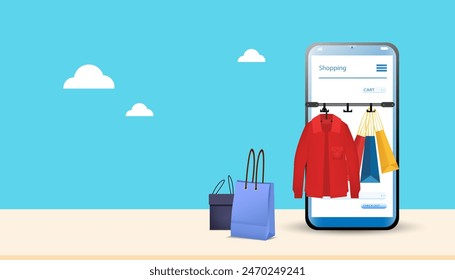 Shopping online concept using smartphone decorated with paper bag cart, basket shop, trolley, cloud and credit card, vector.