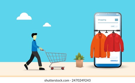 Shopping online concept using smartphone decorated with paper bag cart, basket shop, trolley, cloud and credit card, vector.