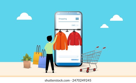 Shopping online concept using smartphone decorated with paper bag cart, basket shop, trolley, cloud and credit card, vector.