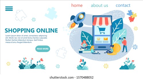 Shopping Online Concept Vector Illustration Tiny people make purchases and order goods online using the mobile application Online shopping concept, online store, purchase and order goods 