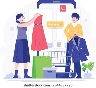 Comprar ilustración vectorial de concepto en línea. Hombre de caricatura y mujer comprando ropa en una tienda en línea. Ordenar bienes y obtenerlos rápido y fácil. El comercio electrónico y el concepto de entrega. Ilustración vectorial.