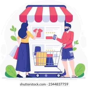 Shopping online concept vector illustration. Cartoon flat tiny people man and woman with shopping cart and smartphone. E-commerce and delivery concept. Vector illustration.