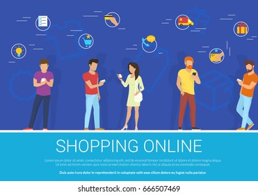 Shopping Online Concept Vector Illustration Of Group Of People Using Mobile Smartphone For Choosing, Online Ordering And Purchasing Goods Via Mobile App. Flat Guys And Women With Ecommerce Icons