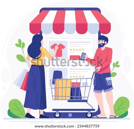 Shopping online concept vector illustration. Cartoon flat tiny people man and woman with shopping cart and smartphone. E-commerce and delivery concept. Vector illustration.