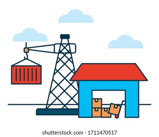 Online-Shopping-Konzept, Lager mit Kisten und Kranturm mit Container auf weißem Hintergrund, bunter Design, Vektorillustration-Illustration