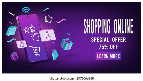 Concepto de compras online para sitios web, aplicaciones móviles, banner web, gráficos de información o cupones de descuento. Ilustración vectorial eps10